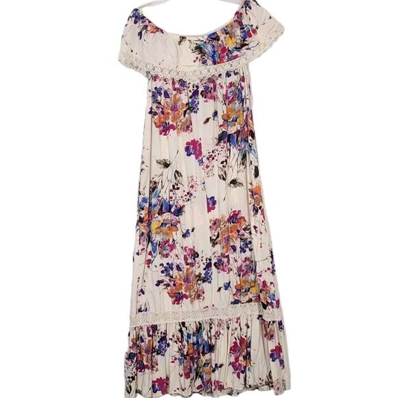 UMGEE LG MAXI DRESS WOMENS OFF SHOULDER IVORY FLORAL BOHO FESTIVAL BEACH LACE - Picture 1 of 5